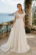 Ivory Cap Sleeve Scoop Neck Lace A-Line Wedding Dress Train for Wedding Ceremony and Reception front view