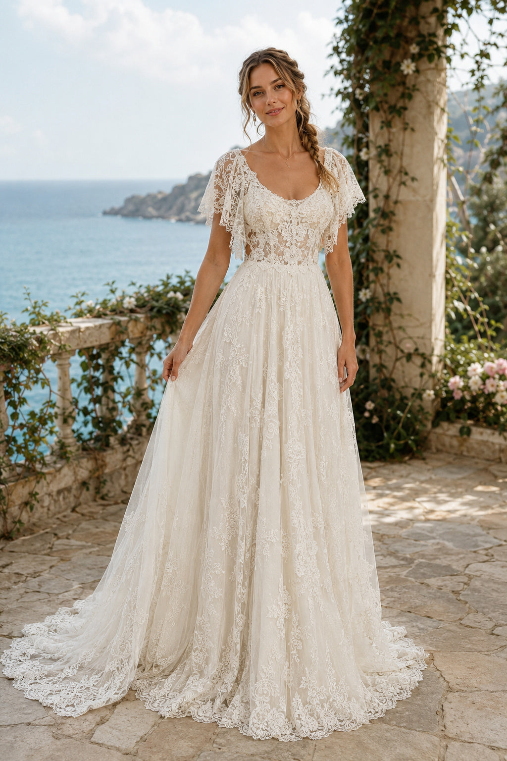 Ivory Cap Sleeve Scoop Neck Lace A-Line Wedding Dress Train for Wedding Ceremony and Reception front view