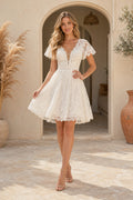 Ivory Lace V-Neck Mini Wedding Dress with Short Sleeves and Low-V Back for Beach Reception front view
