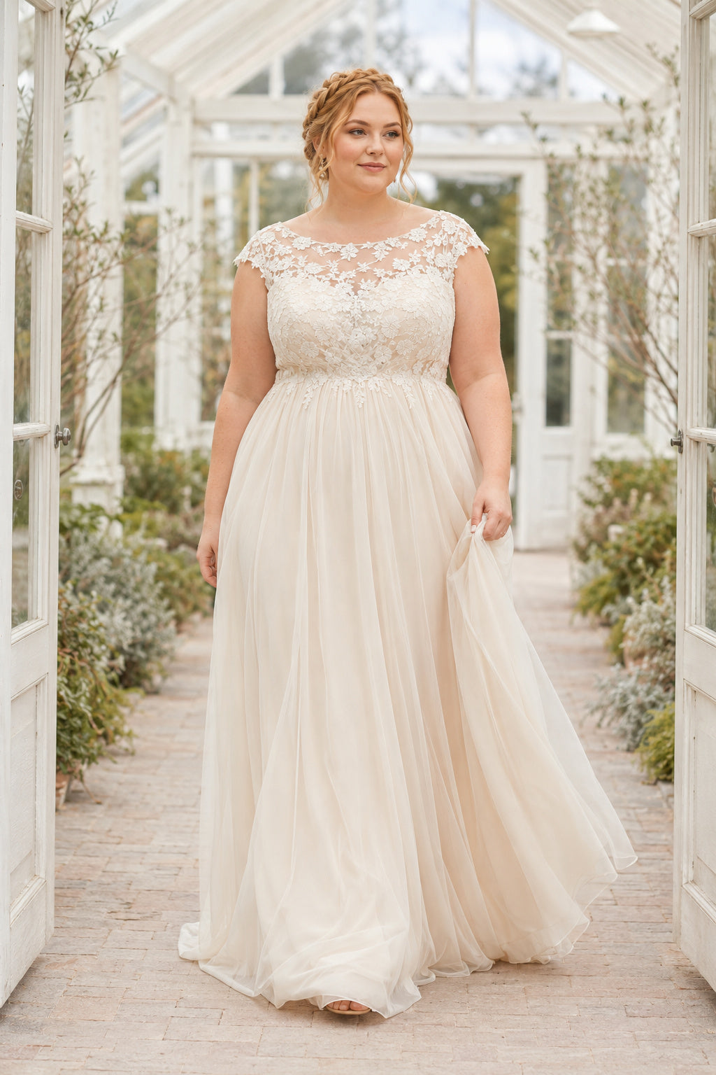 Plus Size High Neck Cap Sleeve Lace Wedding Dress with Keyhole Back front view