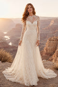 Ivory High Neck Long Sleeve Lace A-Line Wedding Dress with Illusion Back Style MG_700434 front view