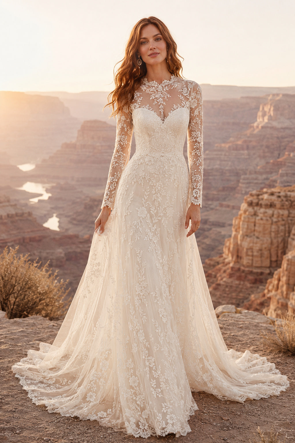 Ivory High Neck Long Sleeve Lace A-Line Wedding Dress with Illusion Back Style MG_700434 front view