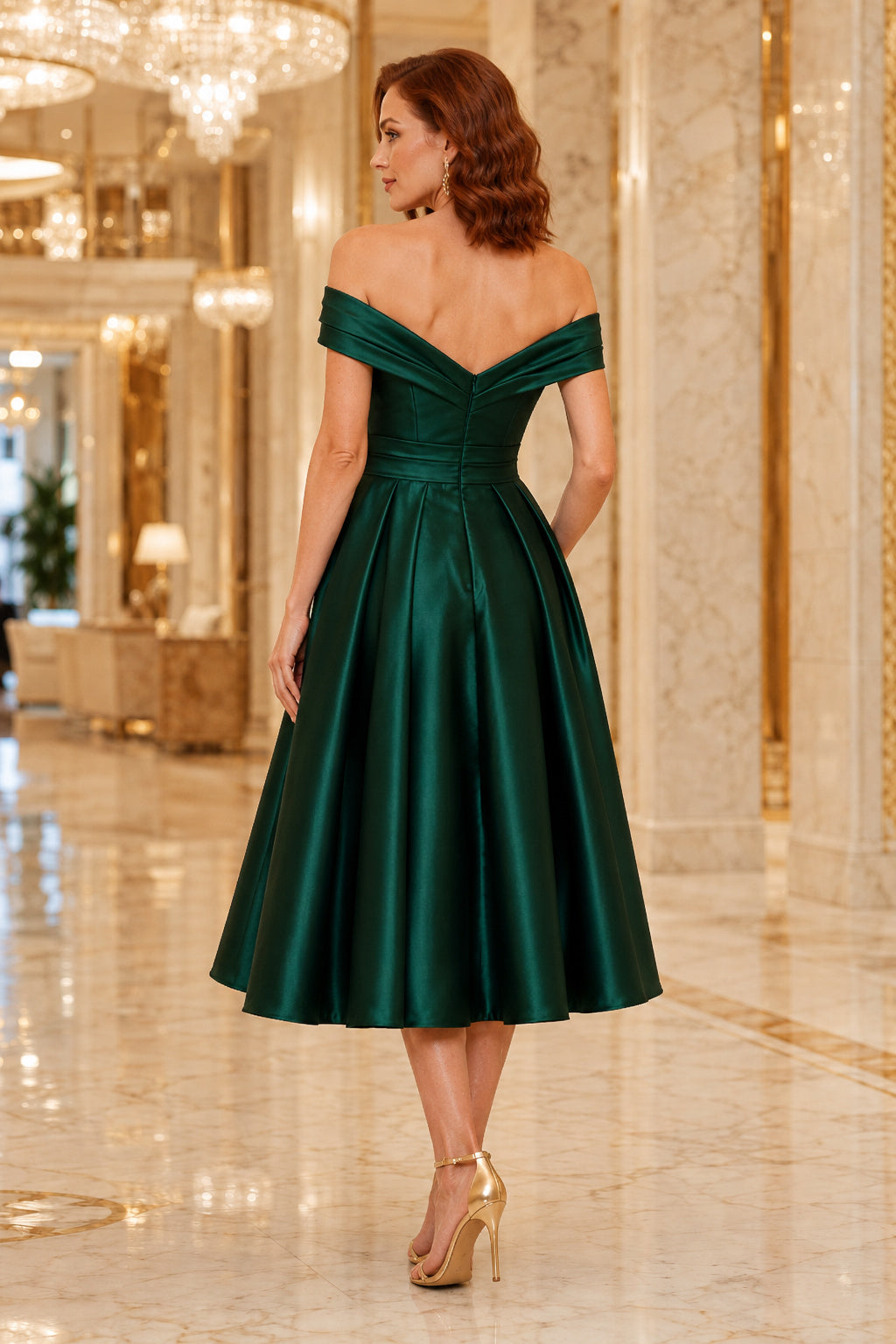 Dark Green Off-the-Shoulder Satin Tea-Length A-Line Bridesmaid Cocktail Dress for Guest Events back view