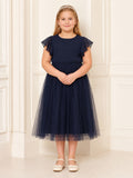 A-Line Dark Navy Tulle Flower Girl Dress with Short Sleeve Jewel Neckline Tea-length and A Satin Sash And Bow Accent front vi