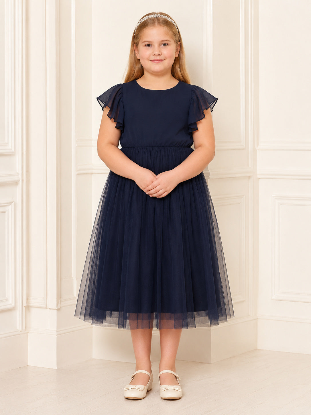 A-Line Dark Navy Tulle Flower Girl Dress with Short Sleeve Jewel Neckline Tea-length and A Satin Sash And Bow Accent front vi
