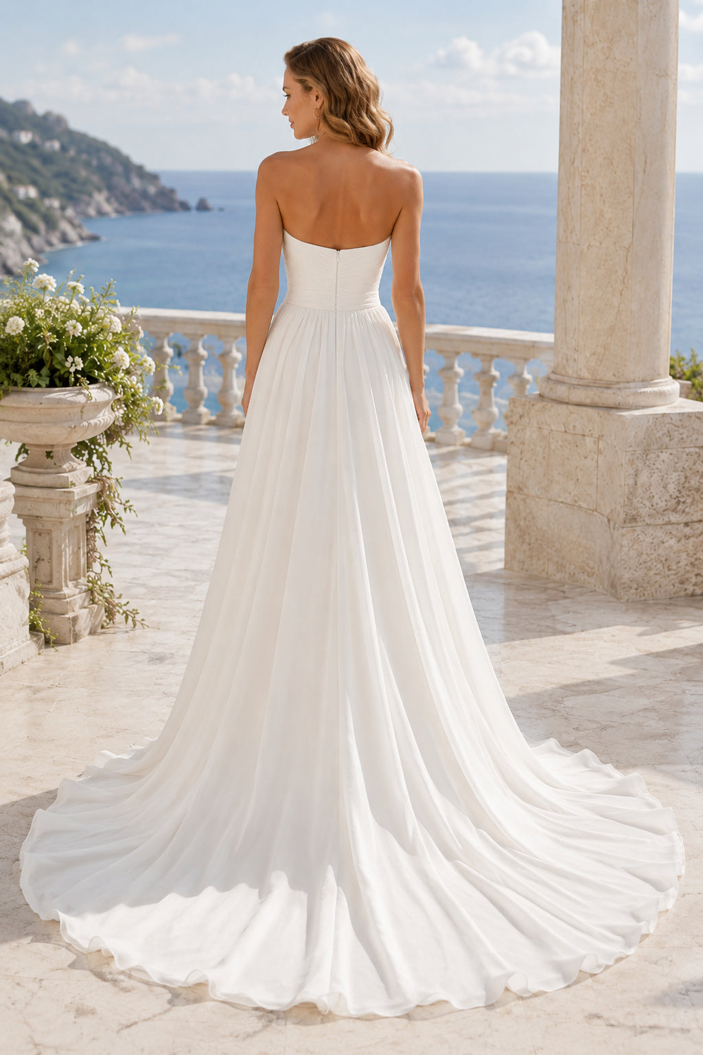 Strapless Chiffon A-Line Wedding Dress with Ruched Bodice back view