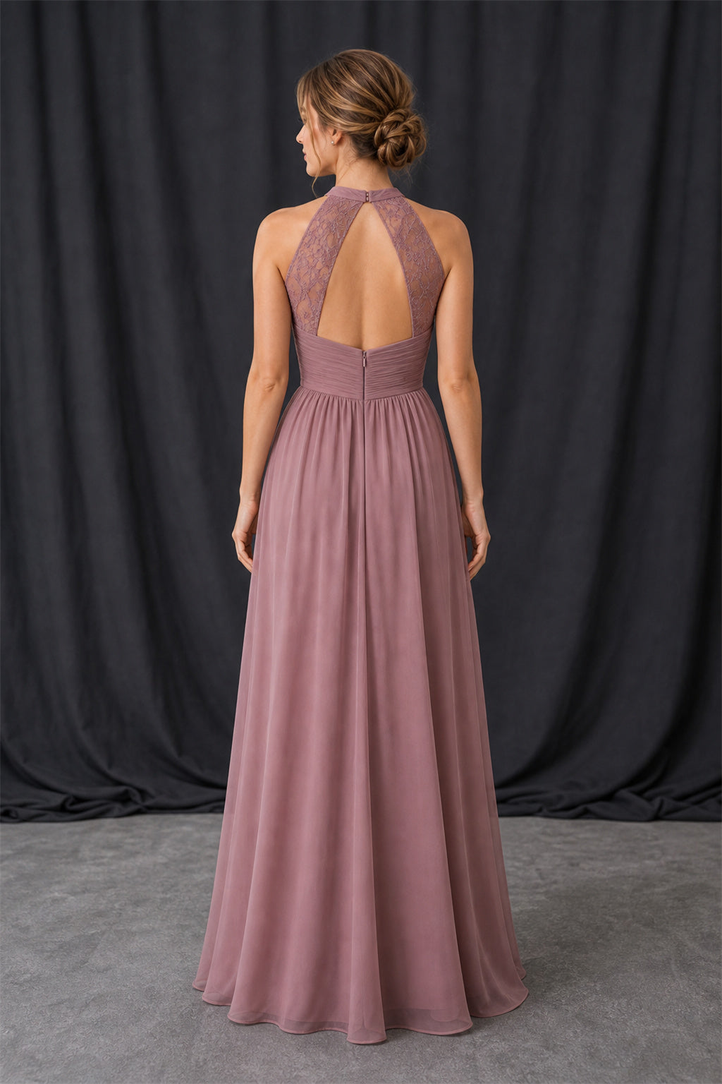 High-Neck Sleeveless A-Line Chiffon Floor-Length Dress With Lace Detail