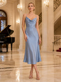 Dusty blue cowl neck satin piano recital midi dress front view