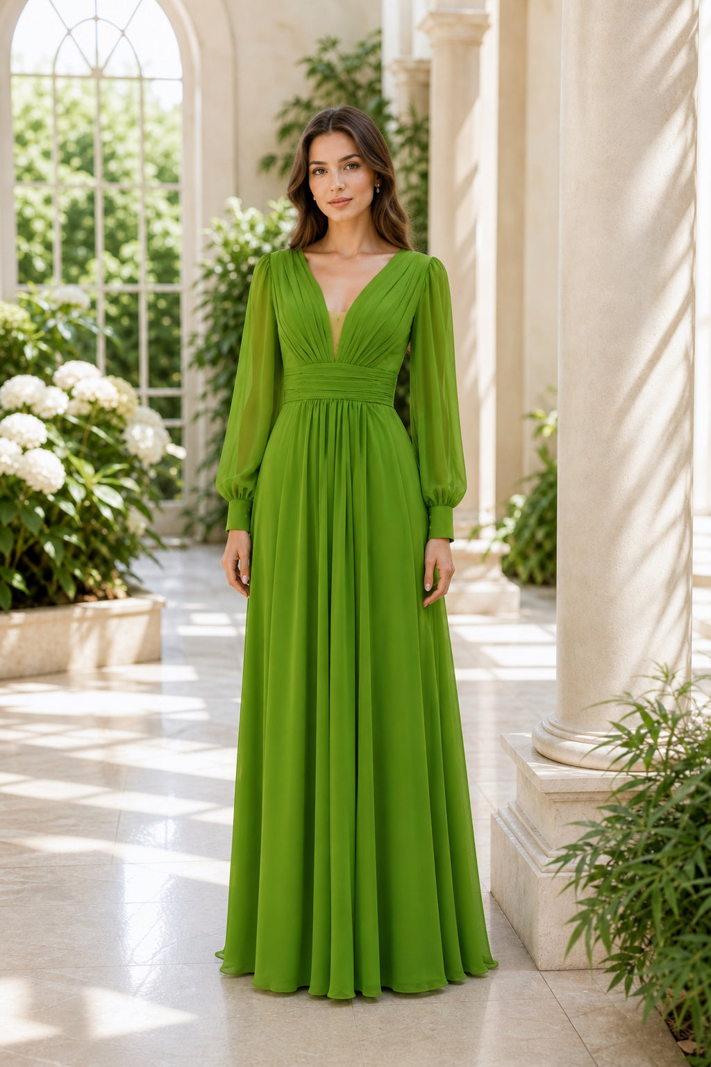 Lime V-neck Long Sleeve A-Line Chiffon Floor-Length Dress With Ruched Waist