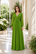 Lime V-neck Long Sleeve A-Line Chiffon Floor-Length Dress With Ruched Waist