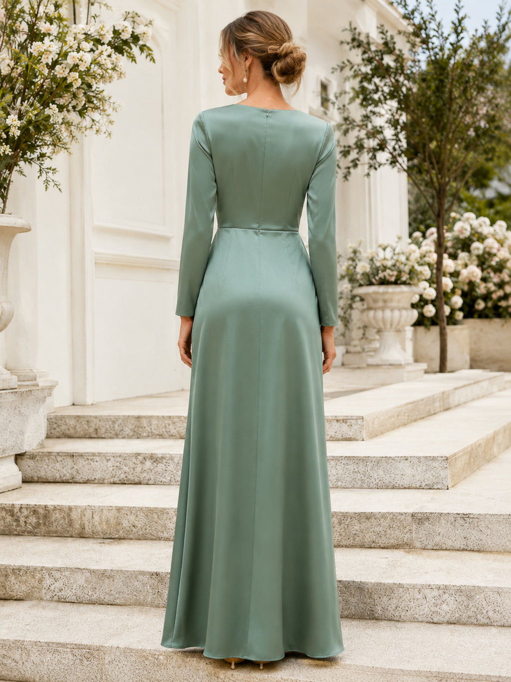 Sage V Neck Long Sleeve Satin Sheath Floor Guest Dress back view