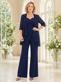 Dark Navy Mother Jumpsuit with Sweetheart Neck Chiffon Jacket and Wide Leg Pants front view