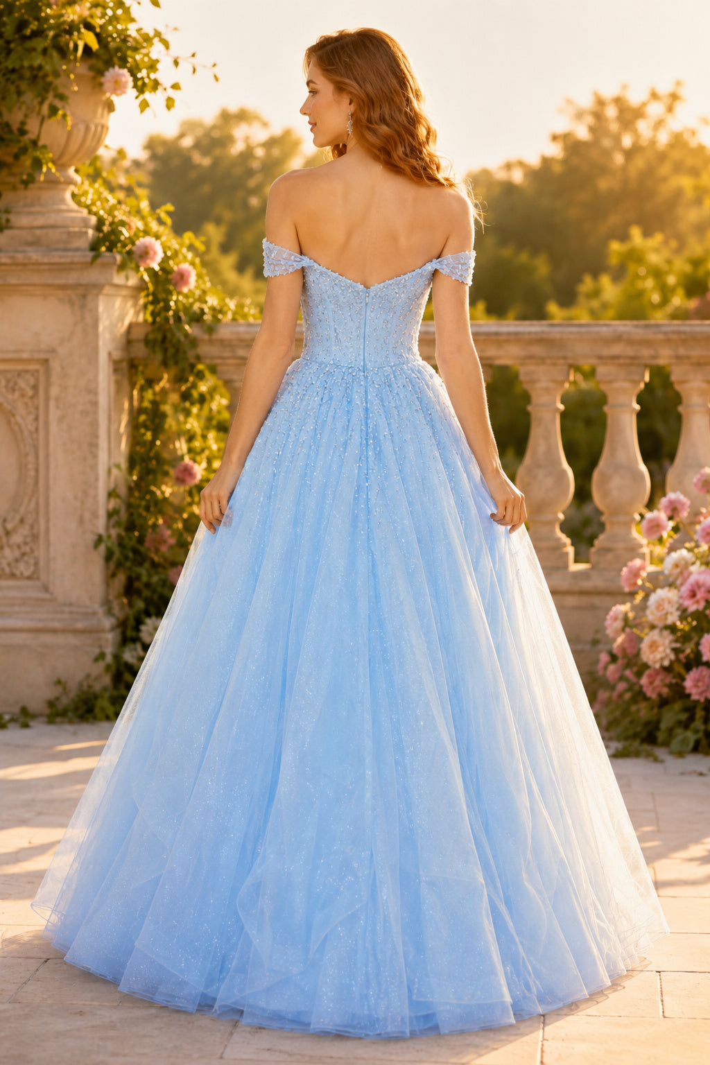 Sky Blue Off Shoulder Tulle Ball Gown with Sweetheart Bodice back view