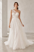Wedding A-Line Tulle Dress with One-Shoulder Lace Bodice and Train front view