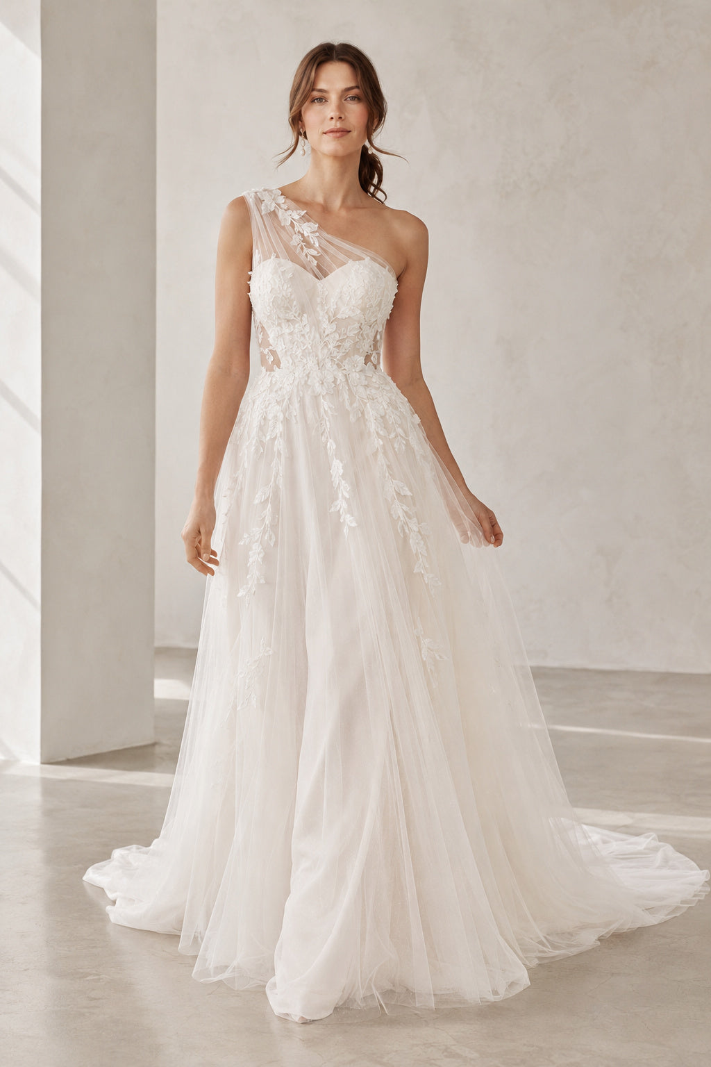 Wedding A-Line Tulle Dress with One-Shoulder Lace Bodice and Train front view