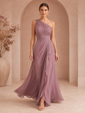 Mauve One-Shoulder Draped Chiffon A-Line Gown front view