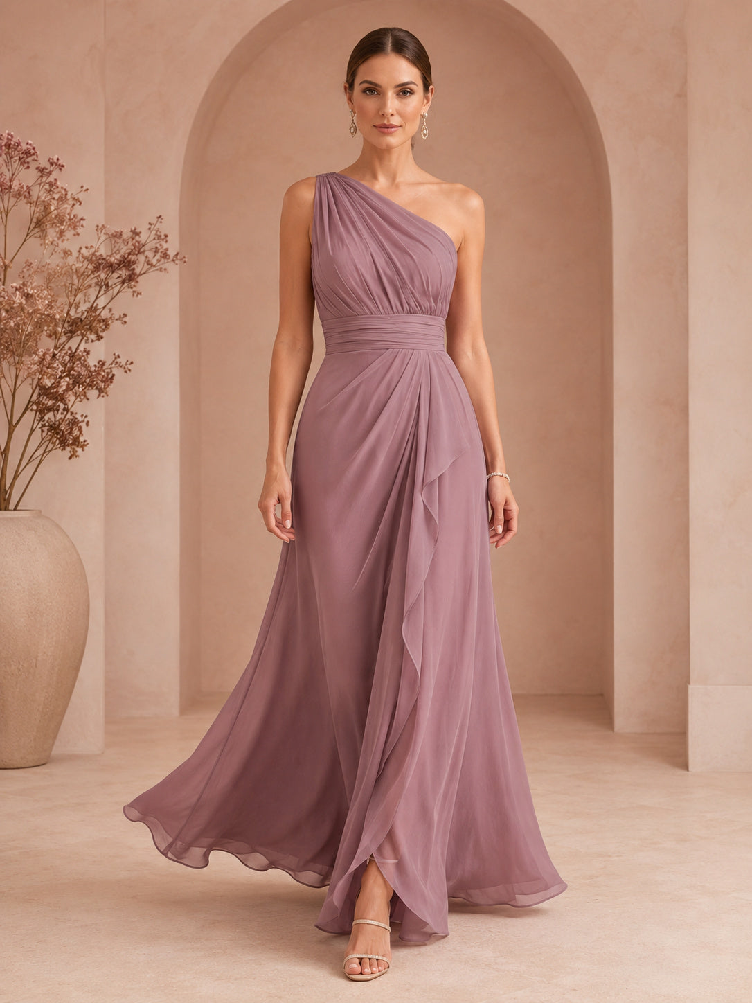 Mauve One-Shoulder Draped Chiffon A-Line Gown front view