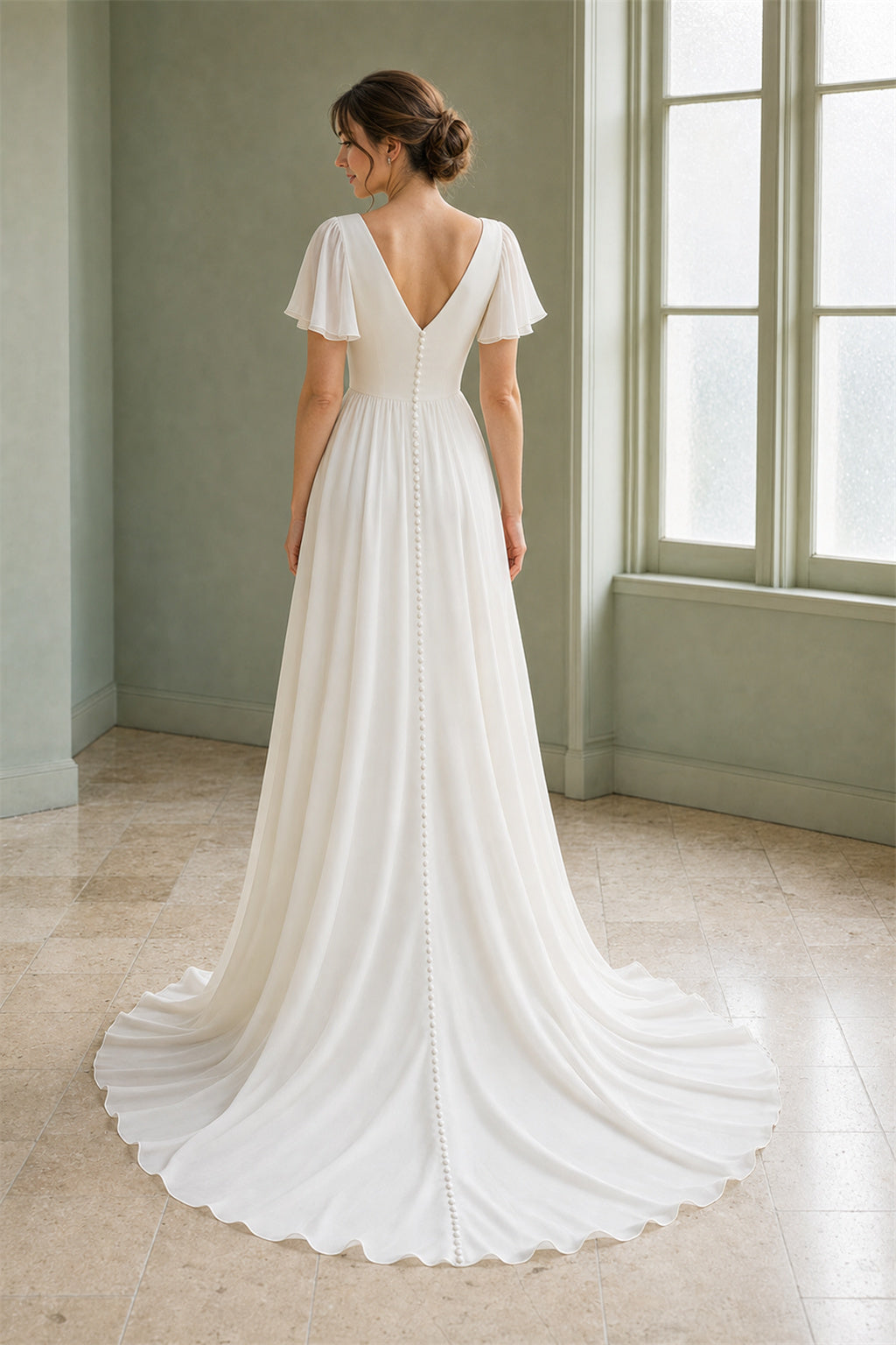 White Scoop Three-Quarter Sleeves A-Line Lace Floor-length Wedding Dress With Lace and Open Back and Open Back