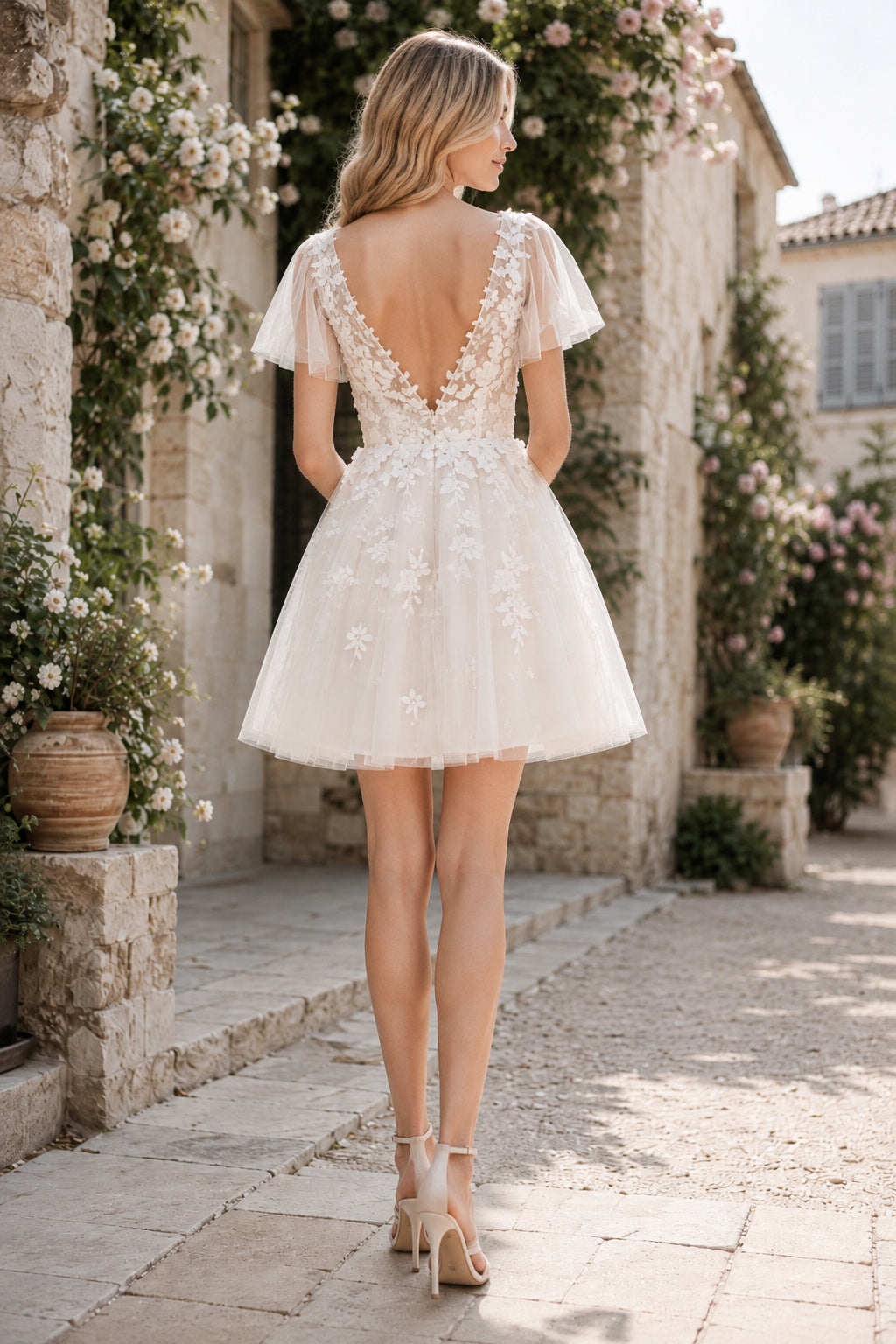 Ivory Cap Sleeve V-Neck Lace Tulle Mini Wedding Reception Dress for Wedding Reception and Party back view