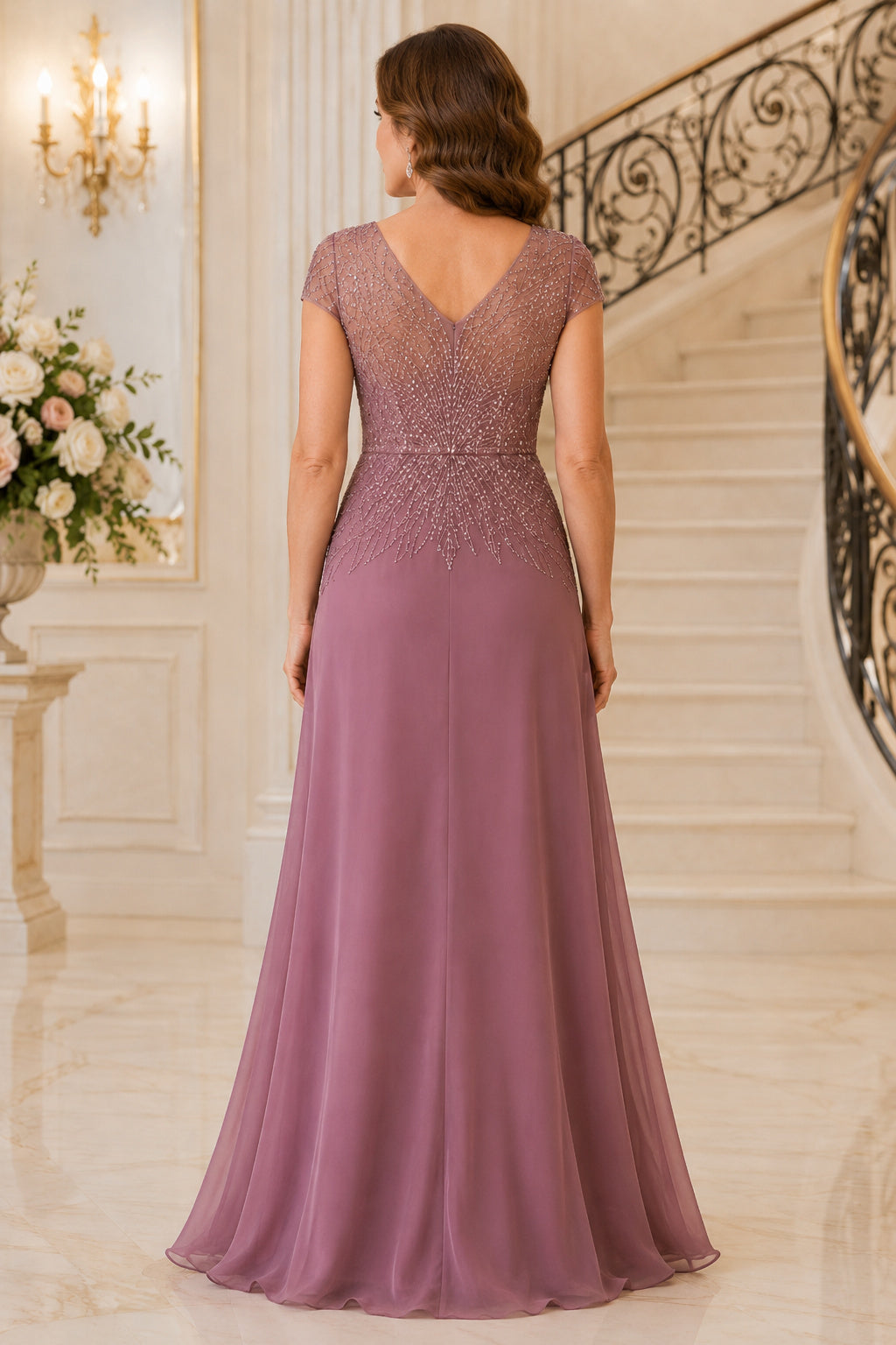 Vintage Mauve Cap Sleeve Chiffon A-Line Mother Dress with Beaded V-Neck Bodice back view