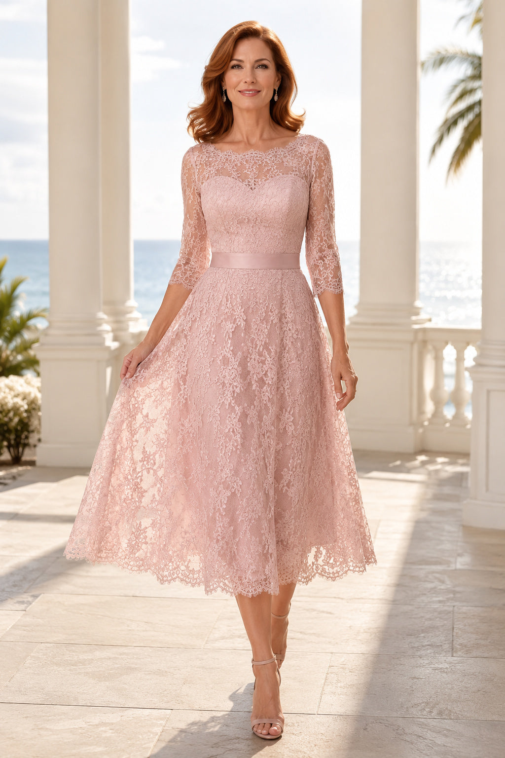 Pearl Pink Tea Length Lace A-Line Mother Dress with Three Quarter Illusion Sleeves front view