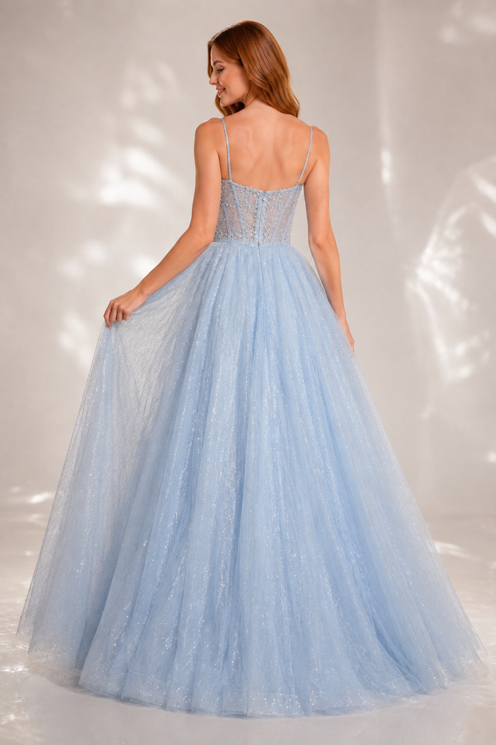 Sky Blue Strapless Glitter Tulle Ball Gown Prom Dress with Front Slit back view
