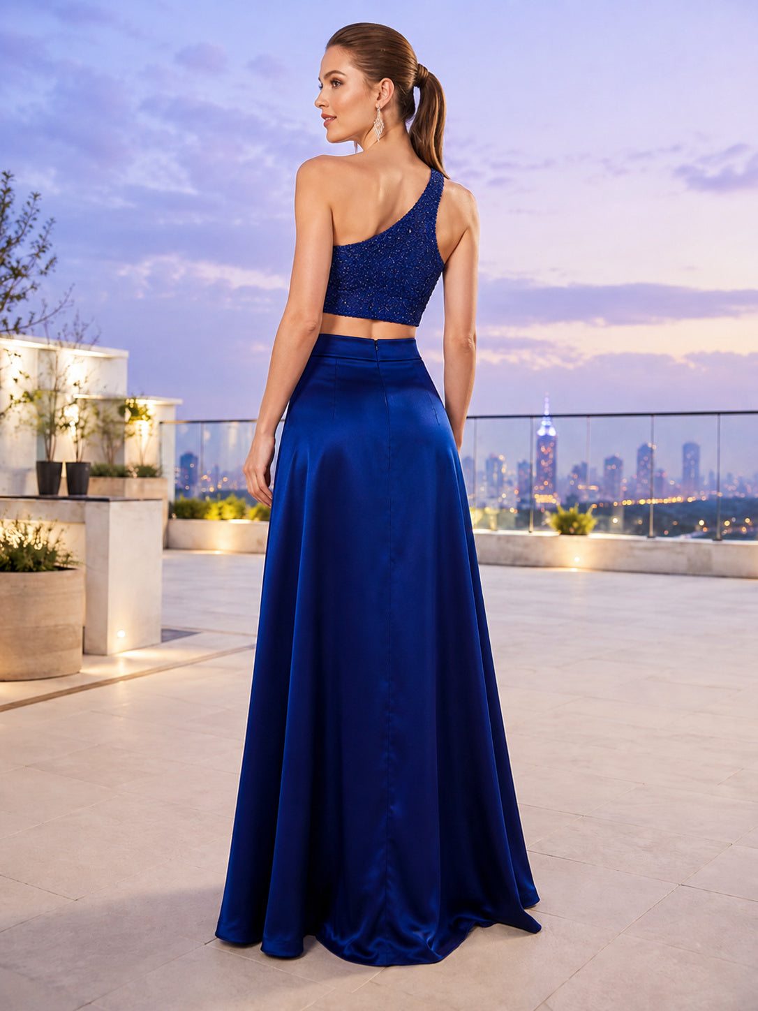 Modern Royal Blue Sequin Prom Two Piece Floor Length One Shoulder Split Gown back view