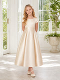 Champagne Clean Line Satin Bow Back A-Line Flower Girl Dress with Sleeveless, Jewel Neck and Tea-Length Skirt front view