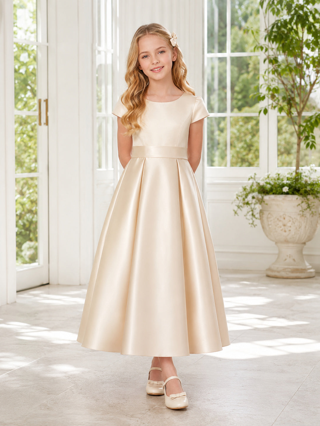 Champagne Clean Line Satin Bow Back A-Line Flower Girl Dress with Sleeveless, Jewel Neck and Tea-Length Skirt front view