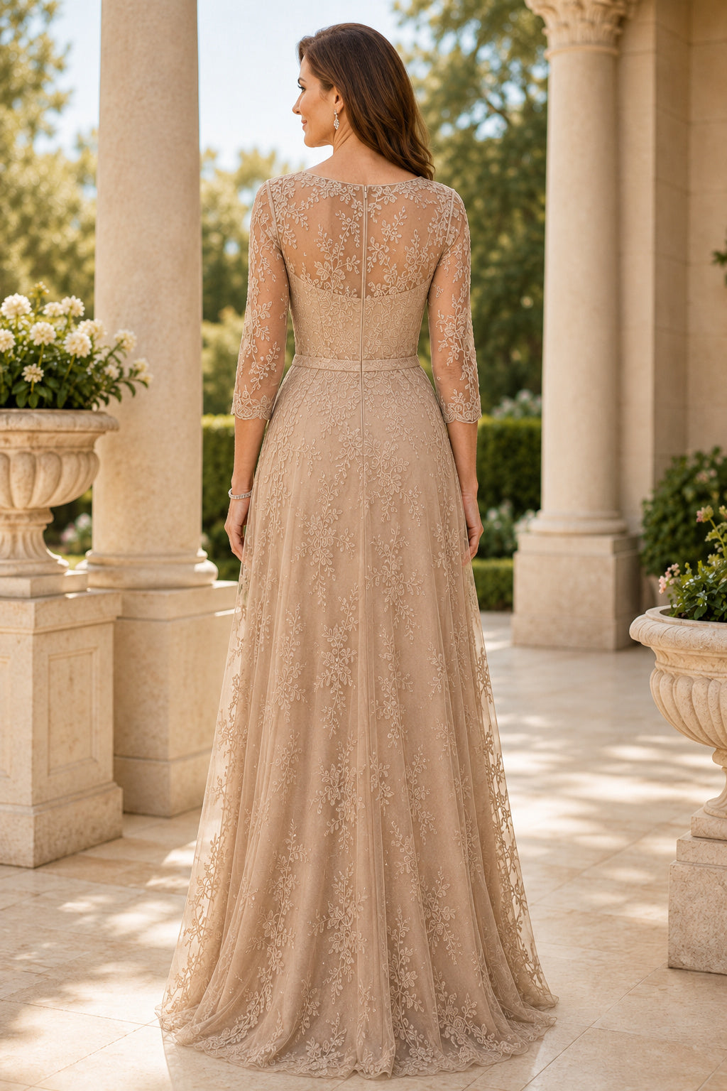 Champagne Long Sleeve Lace A-Line Mother Dress with Modest Bateau Neckline for Evening Reception back view