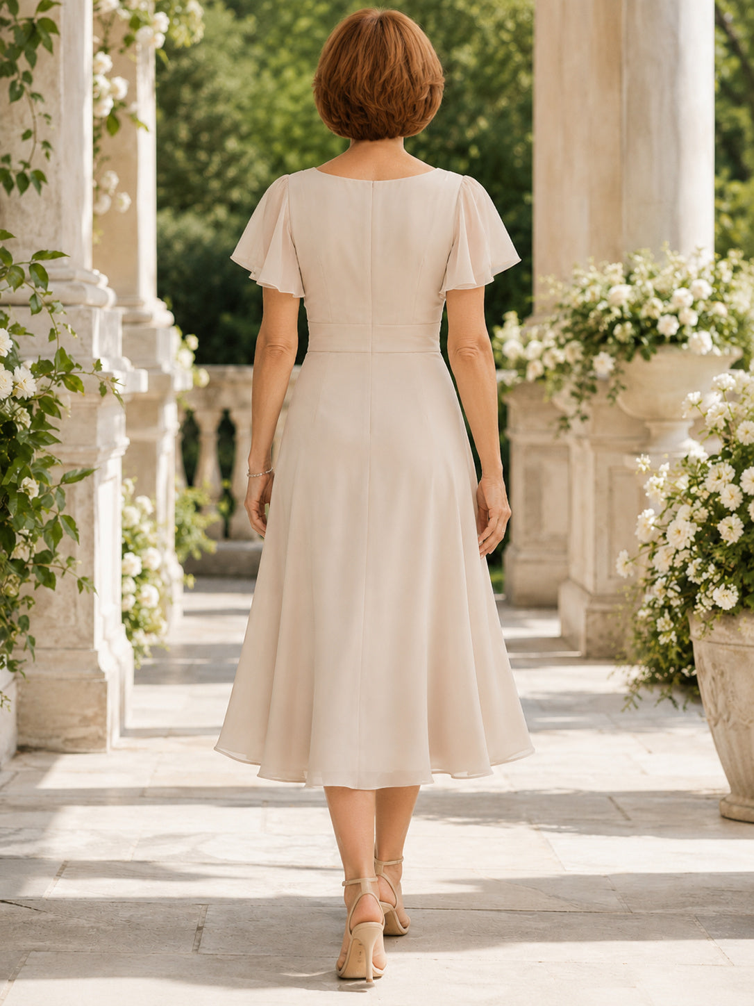 Petite champagne V neck flutter sleeve tea length mother dress back view