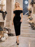 Black Off Shoulder Ruched Velvet Midi Halloween Party Dress front view