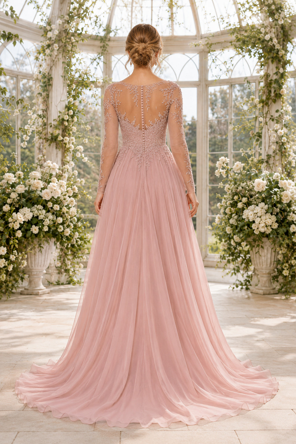 Blushing Pink Illusion Sleeve Lace Bodice Tulle A Line Prom Gown With Sweep Skirt Prom Dress back view