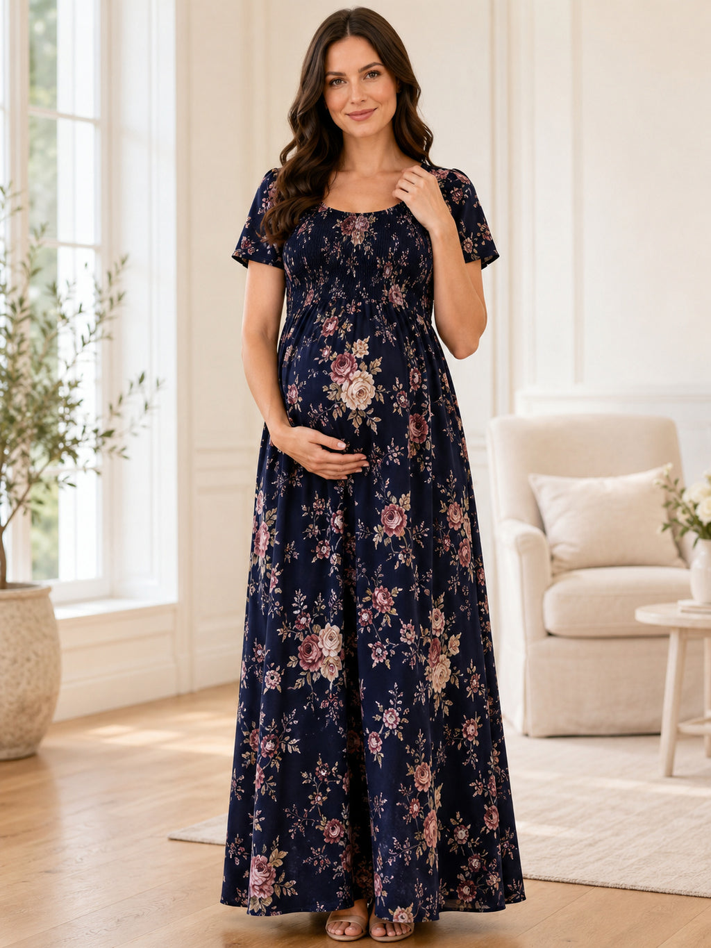 Dark Navy Floral Maternity Square Neck Short Sleeve Floor Length Evening Dress front view