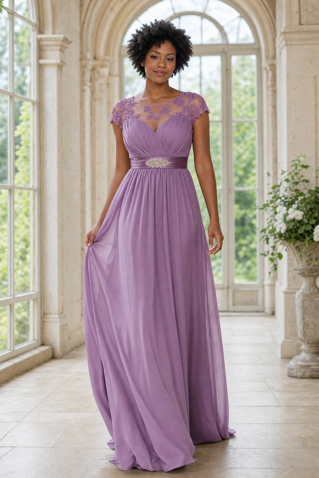 Illusion Neck Cap Sleeve A-Line Chiffon Floor-Length Dress With Lace Bodice