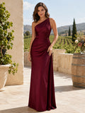 Burgundy Satin Sheath One-Shoulder Sleeveless Draped Low Back Floor-Length Bridesmaid Dress front view