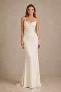 Ivory spaghetti strap satin sheath gown with cowl neckline and ruched bodice Floor-length Sheath Wedding Dress front view