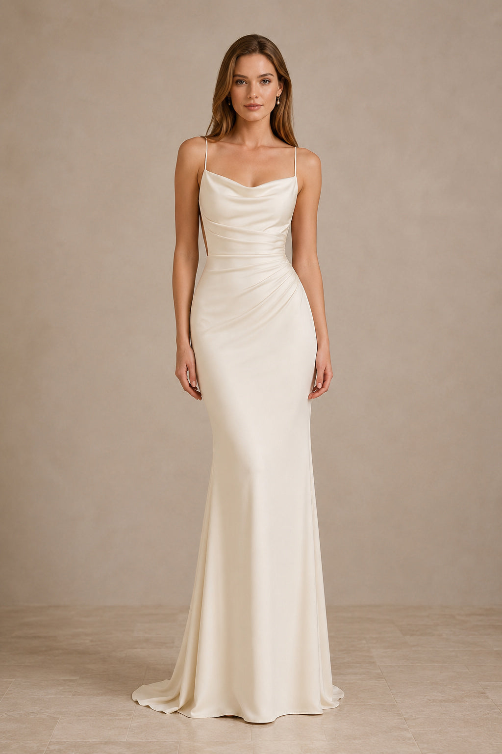 Ivory spaghetti strap satin sheath gown with cowl neckline and ruched bodice Floor-length Sheath Wedding Dress front view