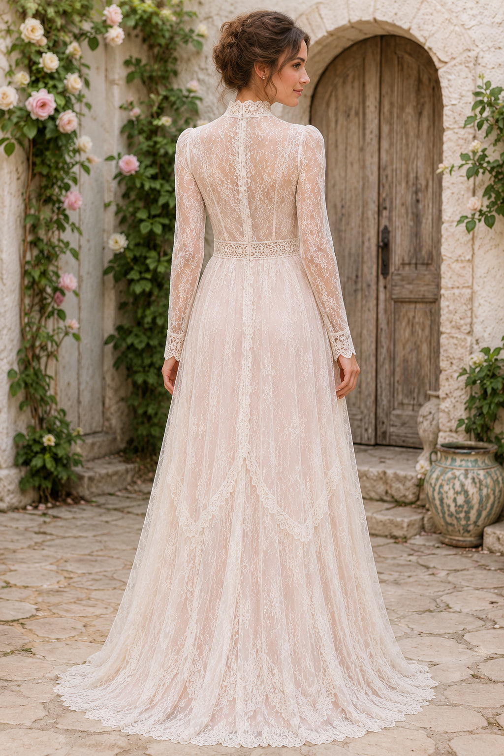 Blushing Pink High Neck Long Sleeve Lace A-Line Wedding Dress Train for Wedding Ceremony and Reception back view
