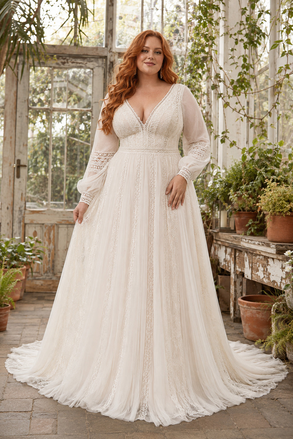 Ivory Plus Size V-Neck Long Sleeve Chiffon A-Line Wedding Dress with Simple Train front view