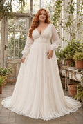Ivory Plus Size V-Neck Long Sleeve Chiffon A-Line Wedding Dress with Simple Train front view