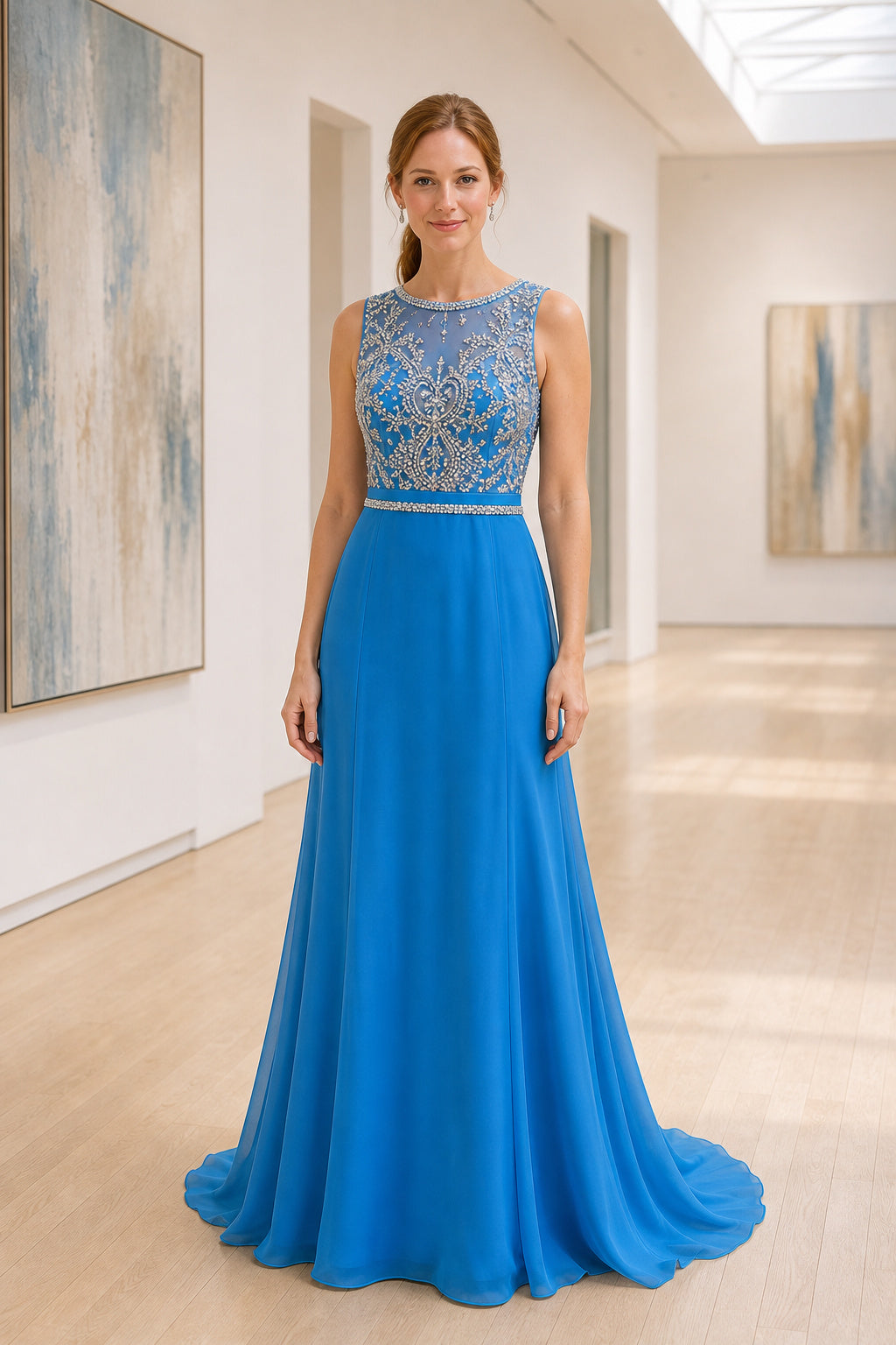 Blue Bateau Sleeveless A-Line Chiffon Floor-Length Dress With Lace Bodice