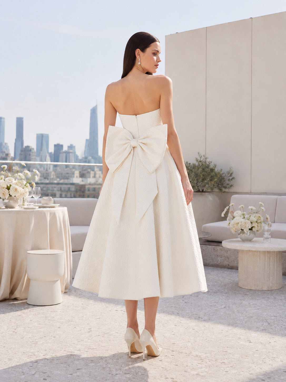 Strapless Bow Back Structured Satin Midi Bridal Dress back view