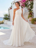 Chiffon Wedding Dress A-Line One Shoulder Sleeveless Sweep Train Bridal Gown Style 722644 front view