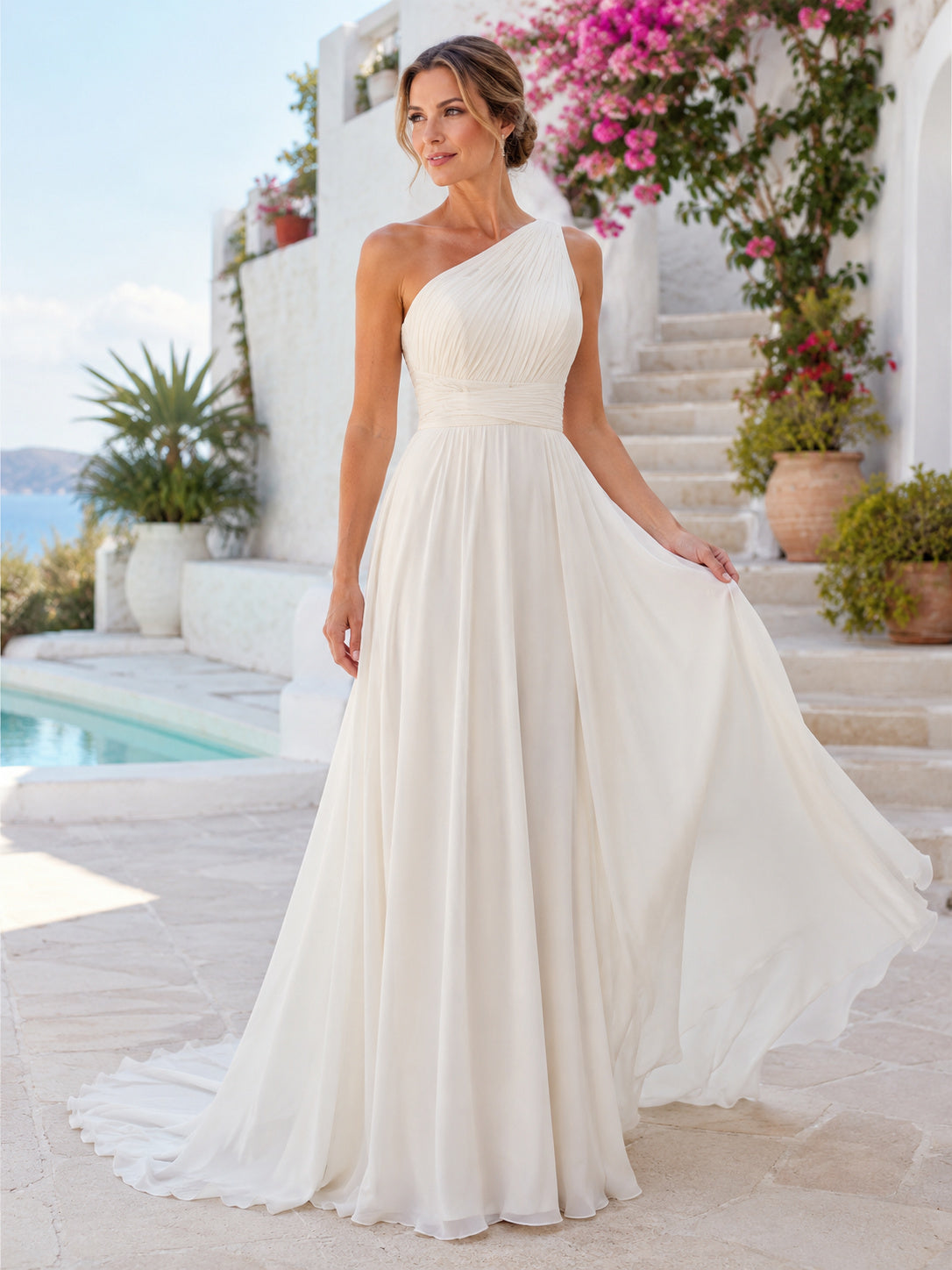 Chiffon Wedding Dress A-Line One Shoulder Sleeveless Sweep Train Bridal Gown Style 722644 front view