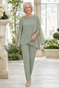 Sage Chiffon Mother Jumpsuit with Cape Overlay and Slim Formal Pants for Formal Reception front view