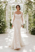 Ivory Square Neck Long Sleeve Lace Mermaid Wedding Dress Train for Wedding Ceremony and Reception front view