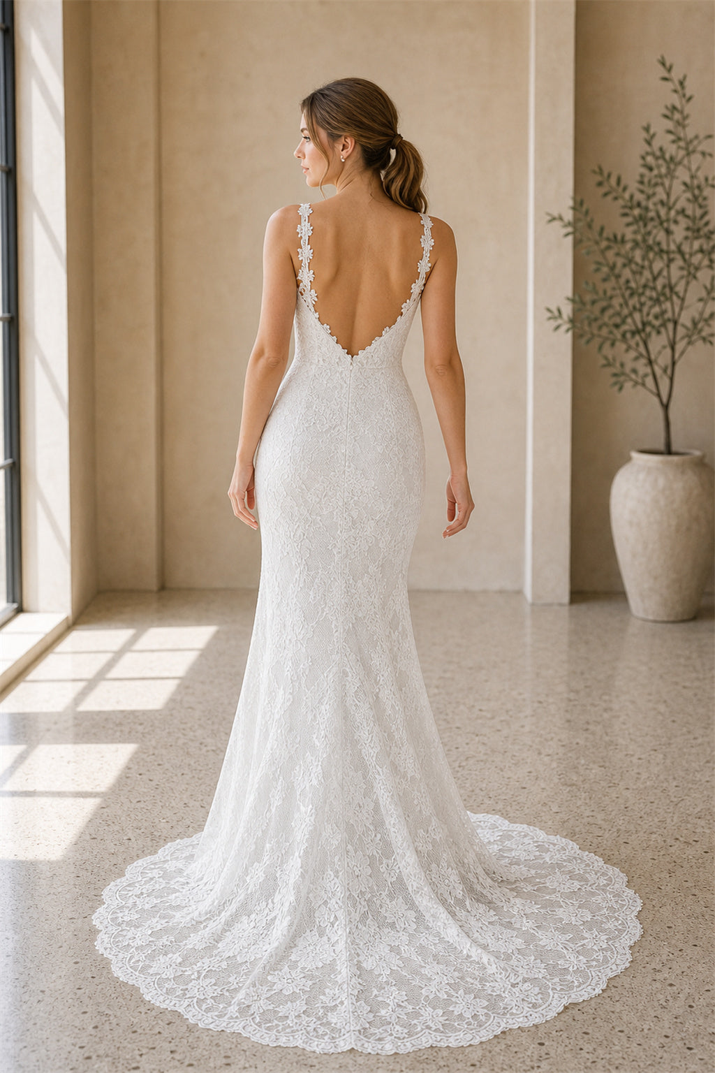 Champagne V-neck Mermaid Lace Floor-length Wedding Dress With Lace and Train and Open Back
