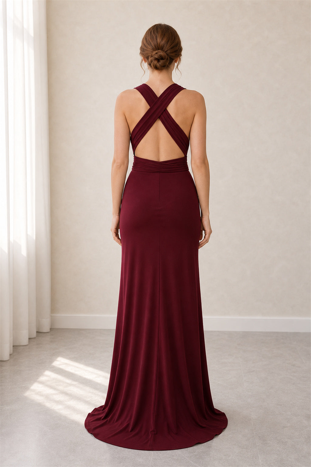 V-neck Flutter Sleeve Sheath Jersey Floor-Length Dress With Criss-Cross Back