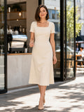 Cream short sleeve square neck A-line midi work dress front view